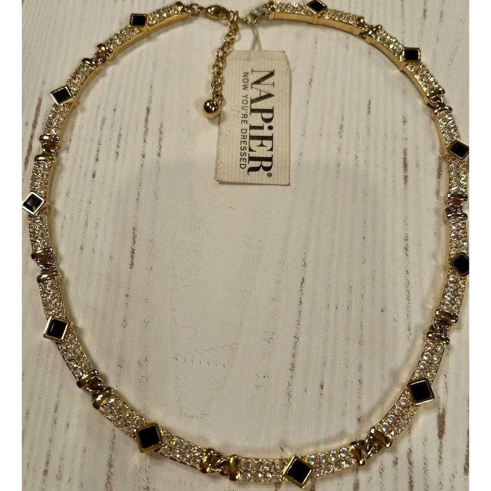 Vintage RUNWAY NAPIER 1990 NOS Black Clear Crystal Necklace & Earrings Orig Tags